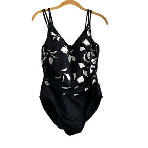 Trimshaper Womens Sz 14 Swim Suit Soft Cup One Piece  Black White Floral Pattern